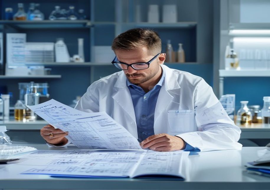 Laboratory educator reviewing scientific protocol and evidence documents