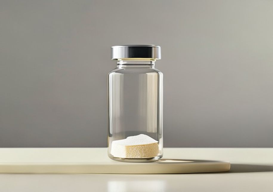 Sealed research vial containing a dry lyophilized peptide cake