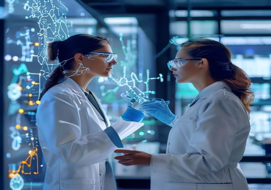 Research scientists studying a peptide molecular structure and amino-acid sequence