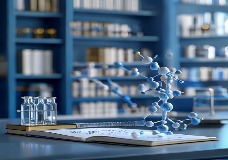 Peptide molecular model, reference binder, and organized research vials in a laboratory library